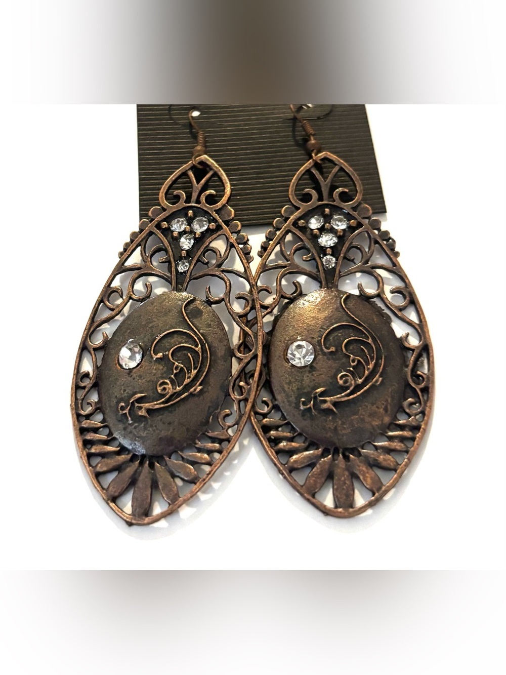 Vintage Copper-Tone Filigree Teardrop Earrings with Clear Rhinestones